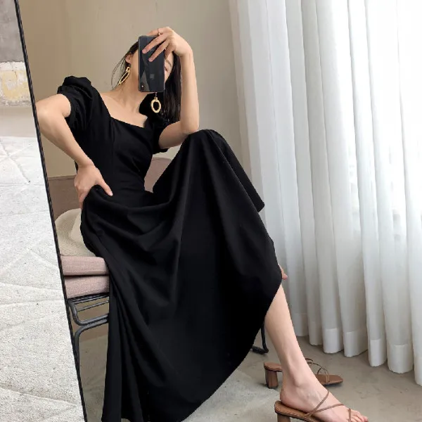 

Vintage Elegant French Black Party A-line Maxi Dress for Women Square Collar Short Sleeve Dress Summer 2021 Vestidos De Mujer
