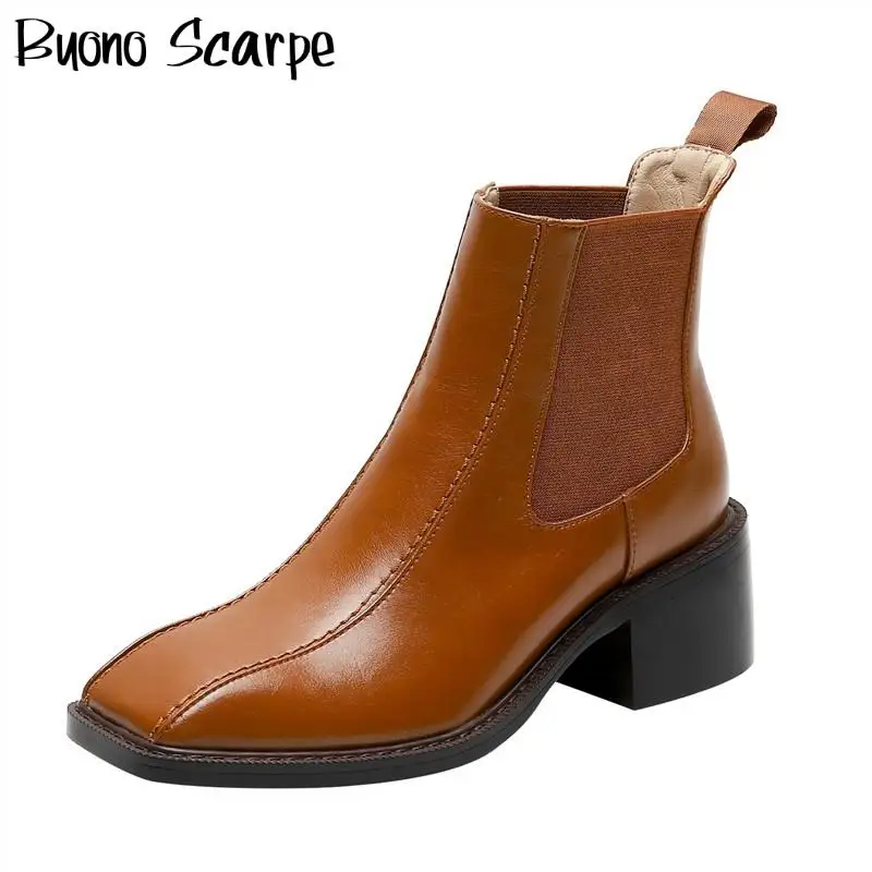 

Women Square Toe Chelsea Boots Elastic Women Ankle Boots Genuine Leather Brown Black Booties Chunky Heel Casual Boats Mujer 2020