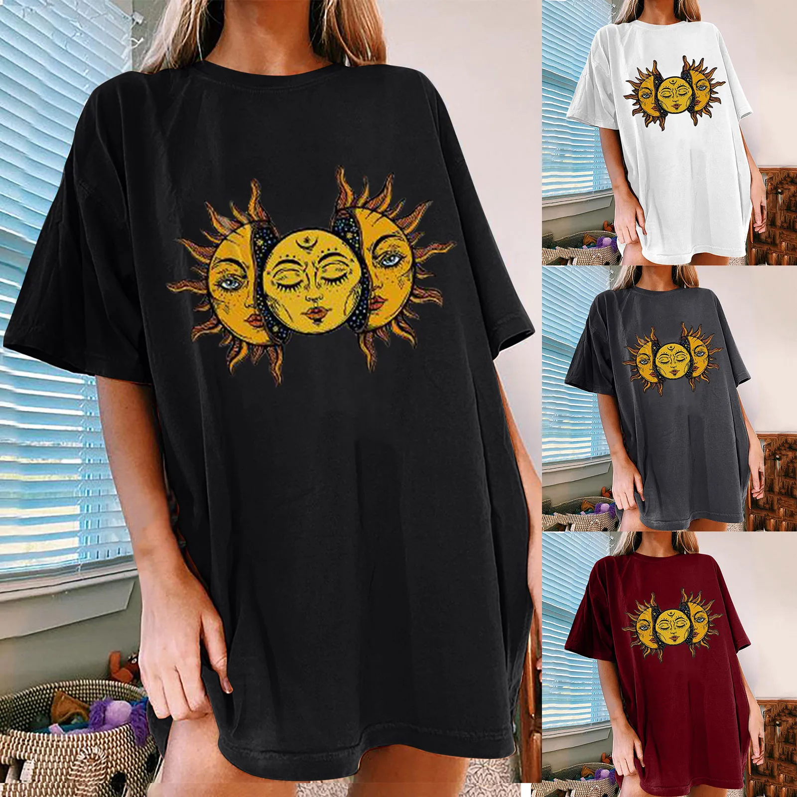 

Peculiar Sun Print T-shirt Women's Vintage Sun And Moon Printed Pattern Casual Short Sleeve Tops Blouse #011