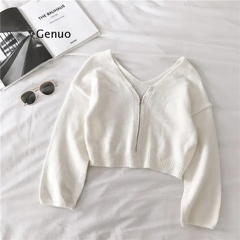 

Long SleeveWinter Tops For Women Casual Chic Zipper Knitted Sweater Women White Black Korean Short Sweaters Womens Autumn