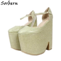Sorbern 20cm High Block Heel Sandals Summer Ladies Shoe Closed Toe Thick Platform Womans Designer Sandles Glitter Gold