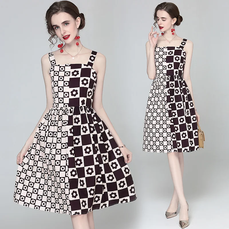 

Летнее женское Новое модное клетчатое приталенное платье на бретелях без рукавов с принтом