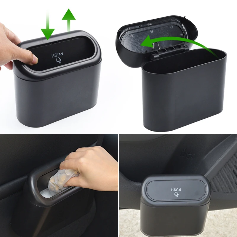 

Auto Interior Trash Bin Hanging Vehicle Garbage Dust Case Storage Box Black Abs Square Pressing Type Trash Can Car Accessories