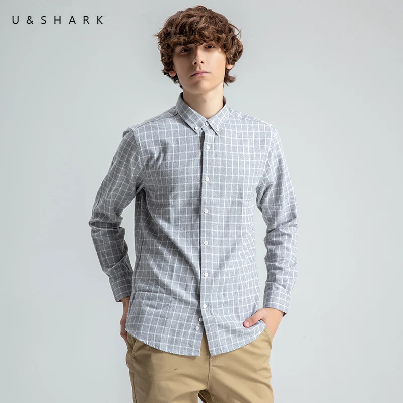 

U & SHARK серые клетчатые рубашки для мужчин Винтаж фланелевая клетчатая рубашка с длинными рукавами, на пуговицах, с отложным воротником мужск...