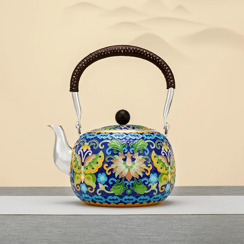 Pure Silver 999 Kettle Hand Made Cloisonne Dielianhua Middle Old Retro Household Pure Silver Kettle