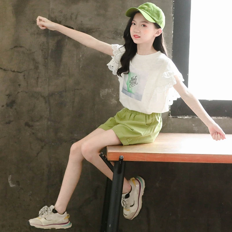 

Girls Sets Letter Print Children Suits Lounge Clothing Sets Kids T-shirts Lace White Tops Cotton+Green Shorts Student Sets New