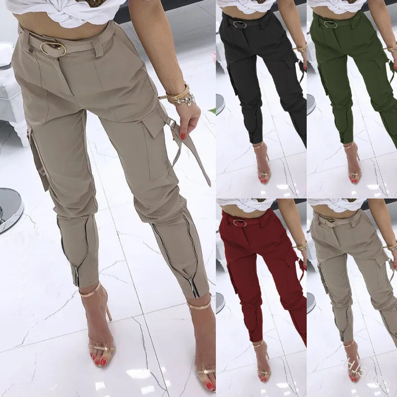 

2021 Women's Casual Pants Solid Color/Plaid Cargo Pants with Bunched Legs Pockets and Fake Zippers Webbing Streetwear Sweatpants