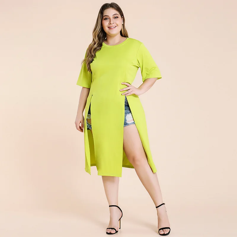 

European and American Real Shot Large Size Dress Dress New Fork Fat mm Autumn and Winter Casual Wear Solid Color Dresses