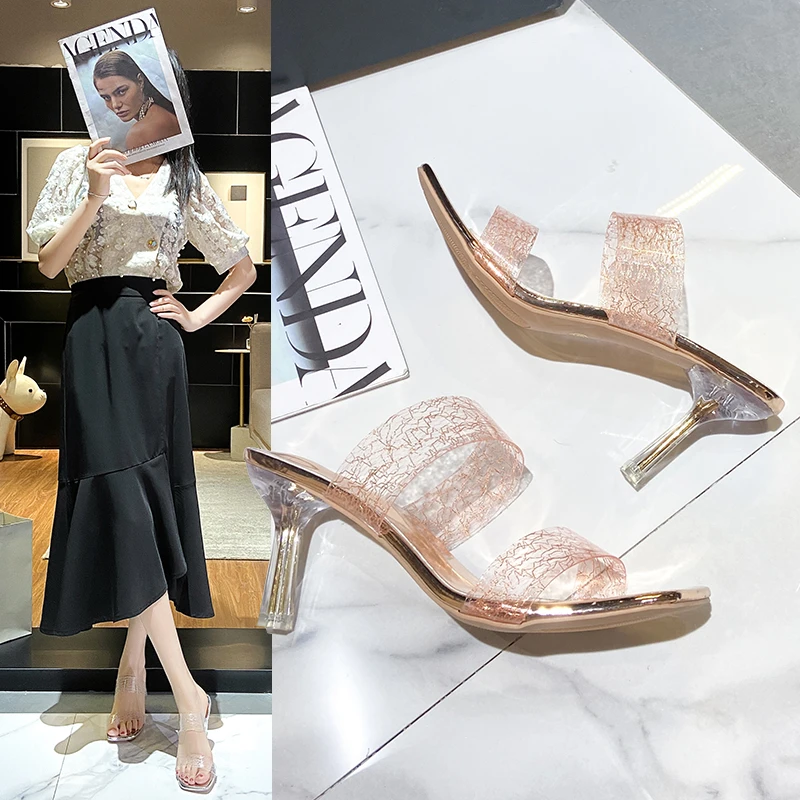 Summer High Heels Women Shoes Fashion Transparent Heels Sexy Hollow Breathable Slippers Square Toe Female Clear Heels Slides