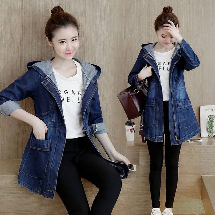 

Women's Autumn Winter Hooded Denim Jackets Female Casual Long Sleeve Jeans Jacket Long Jean Outwear Overcoat Feminine Denim Coat