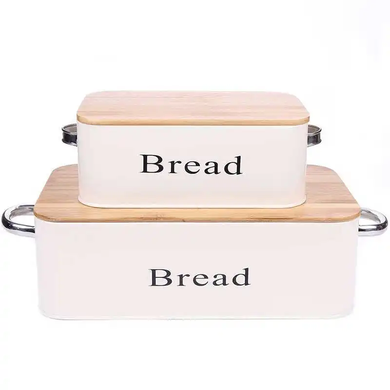 

European Metal Bread Box with Bamboo Cover Binaural Food Bin Household Snack Storage Box Yellow Rectangular Kitchen Food Basket