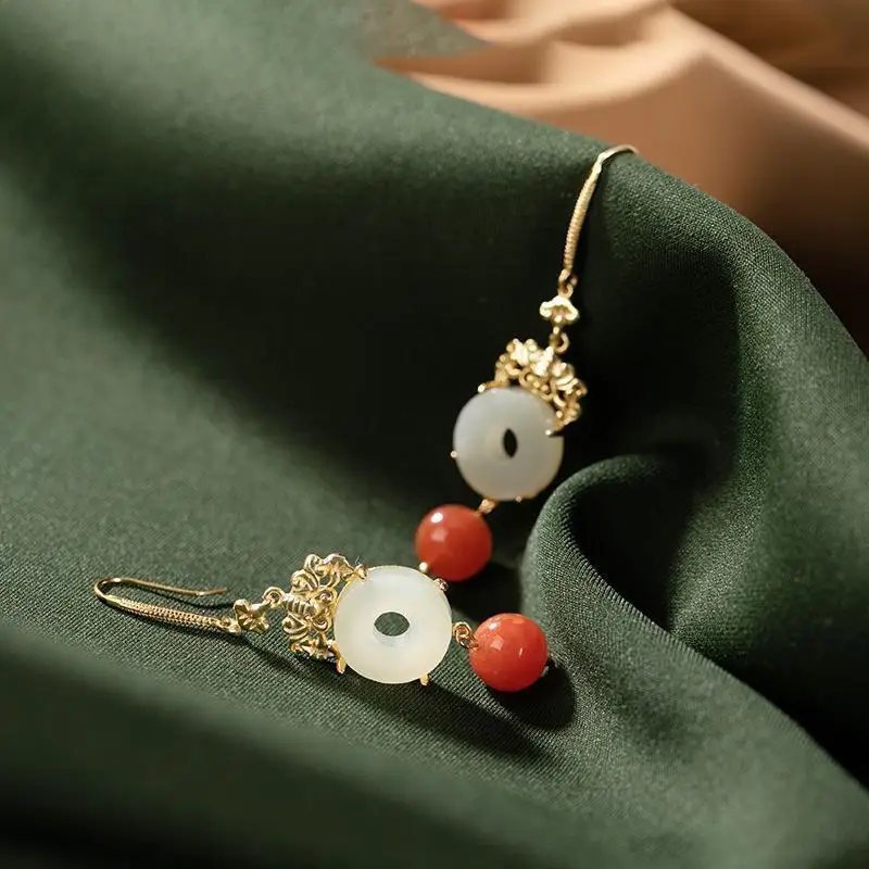 

Original S925 Sterling Silver Gold Plated South Red Hetian Jade White Jade Peace Buckle Personality Women's Earrings Eardrop Ear