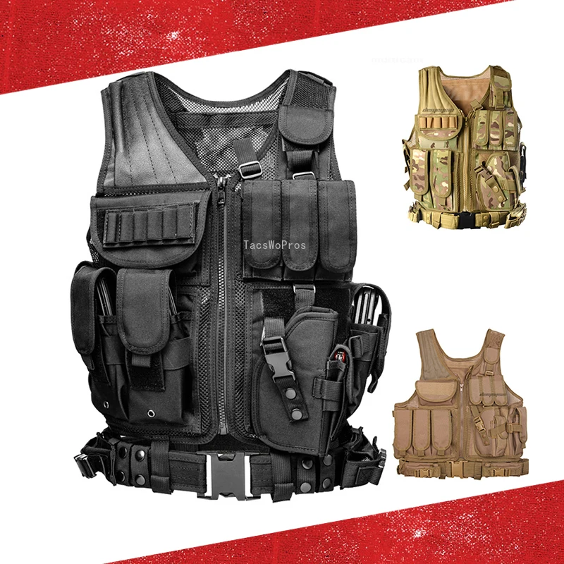 

Tactical Military Vest with Detachable Belt & Gun Holster Molle Hunting Army Mesh Vests Shooting Combat Airsoft Paintball Vests