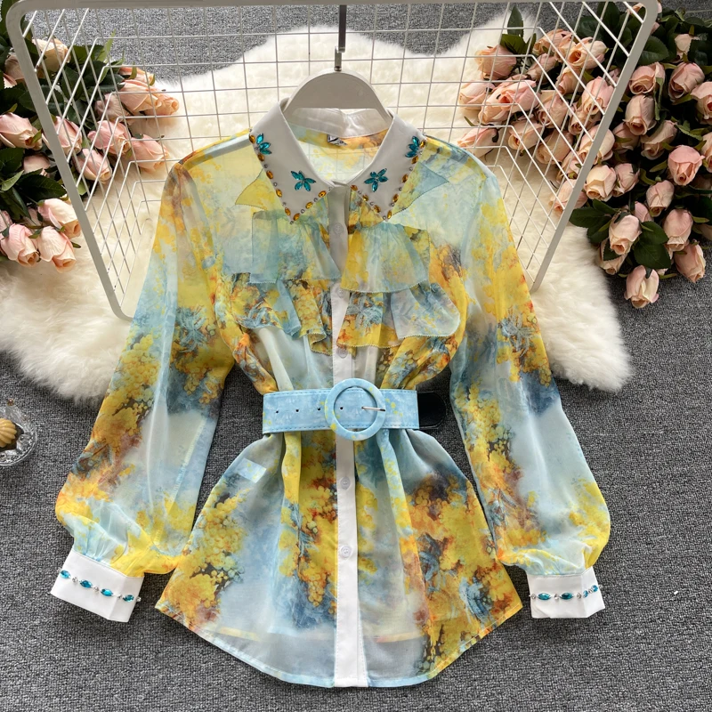 

2021 summer new women rhinestones lantern sleeve ruffles print chiffon shirts + high waist shorts suit female two piece sets