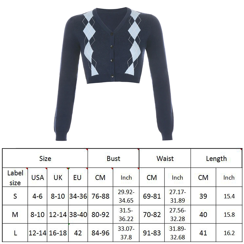 

Argyle Plaid Vintage Crop Tops Cardigan Women Fashion Autumn Long Sleeve Knit Sweater Cardigan Y2k Ladies England Style Cardigan