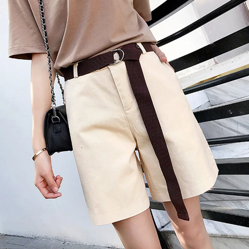 With Belt Summer Cuff Cargo Shorts Solid High Waist Plain Lounge Shorts Wide Leg Soft Knee Length Bermuda Short Women Activewear