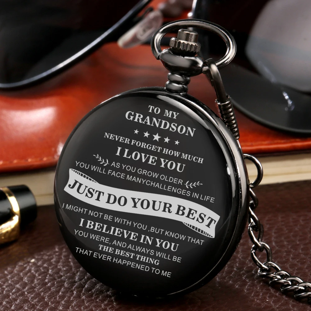 Pocket Watch Gift Set To My Grandson Men Quartz Numerals Dial Thick Chain Pendant Men's Black Leather Wallet Present for Boys