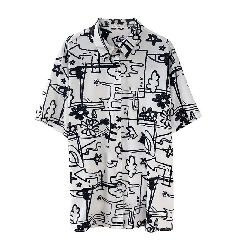 

IEQJ Women All-match Casual Short Sleeve Graffiti Print Blouse New Lapel Loose Fit Shirt Fashion Tide Summer 2021 3F0815