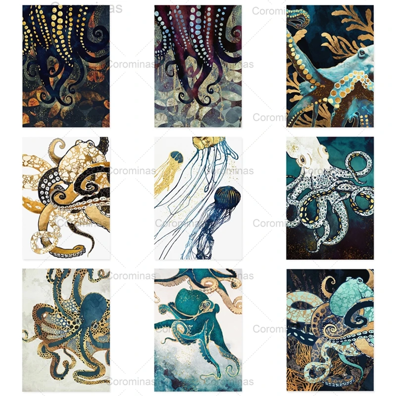 

Abstract Metallic Octopus Canvas Painting Sea Animals Modular Posters and Prints Wall Art Pictures Living Room Home Decoration