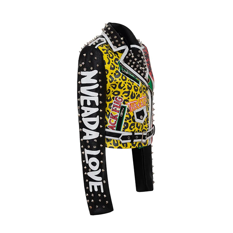 

2020 New Punk Rock Coat Graffiti Print Leather Jacket Riveting Letter Printed Long Sleeve Motorcycle Metalic Overcoats AS26902