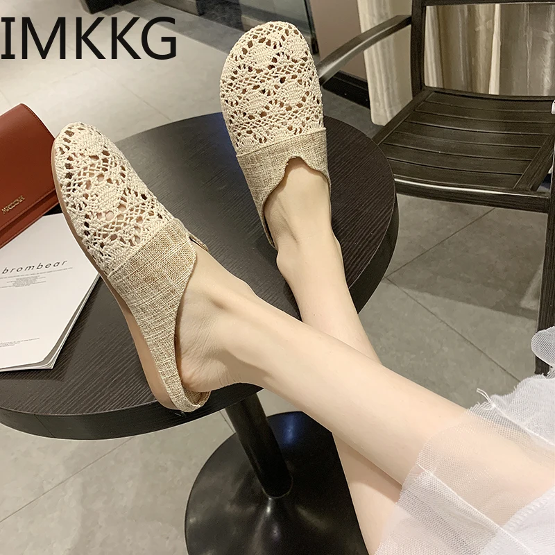 Новинка Женские парусиновые летние туфли на плоской подошве с вырезами лоферы
