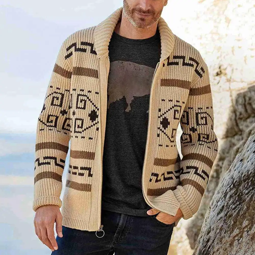 

Grey Cardigans Men Coat Turn-down Collar Knitted Cardigan Print Spring Jacket Warm Zipper Anti-shrink Sweaters Cardigan