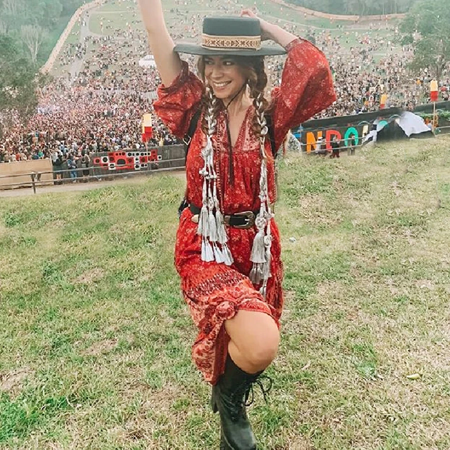 Красное богемное платье TEELYNN с цветочным принтом длинное v образным вырезом и