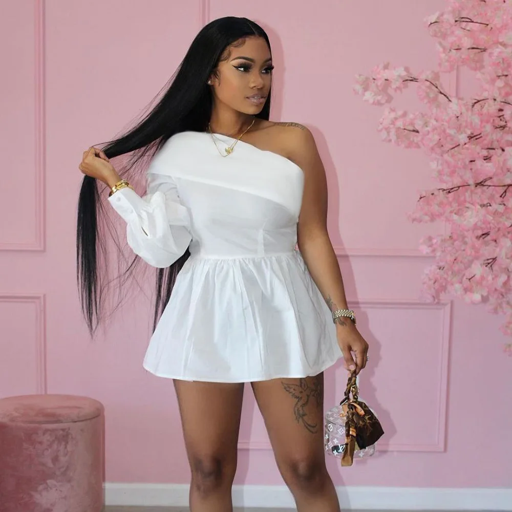 

Off Shoulder One Shoulder Long Sleeve Mini White Dress Elegant Sexy Party Night Dresses