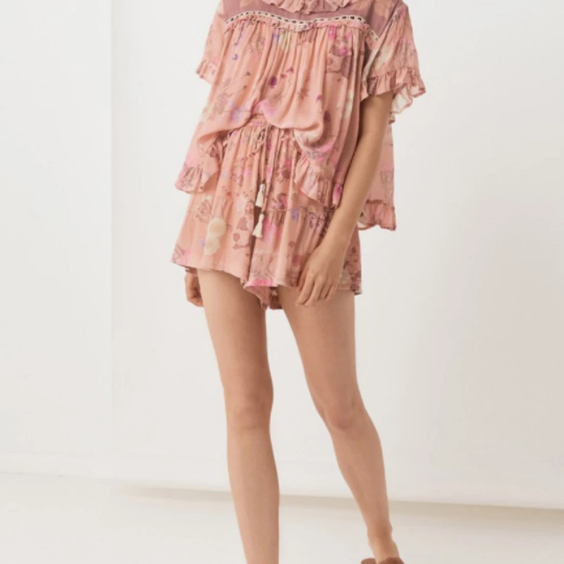 Boho шикарные женские шорты с цветочным принтом и эластичной талией в богемном стиле, женские свободные шорты из вискозного хлопка с оборками и кисточками