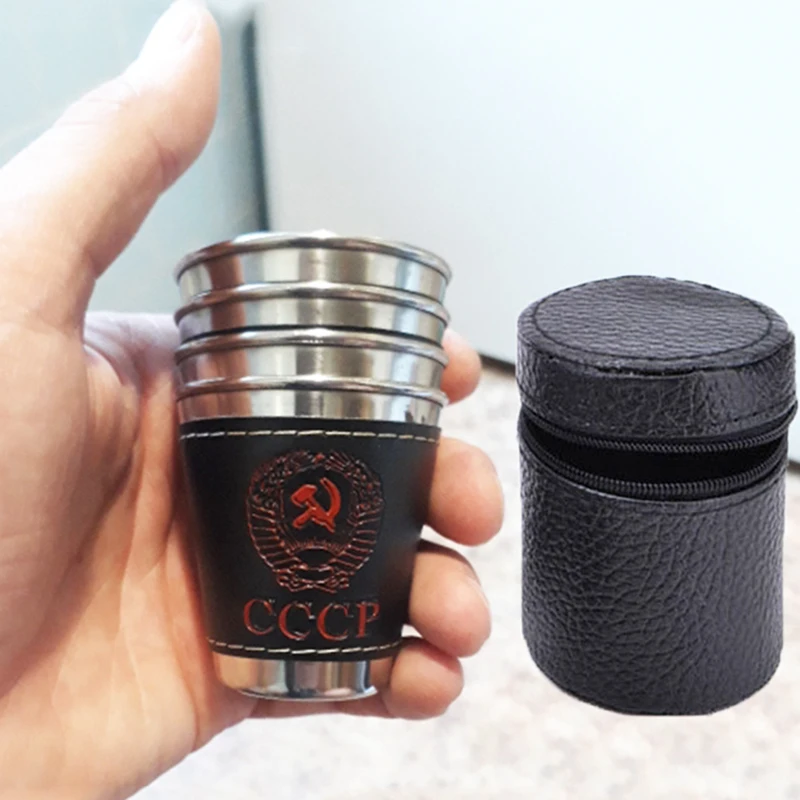 

4Pcs/lot 70ml Stainless Steel Camping Mug With PU Leather Portbale Travel Wine Beer Cup Outdoor Tableware For Picnic Fishing