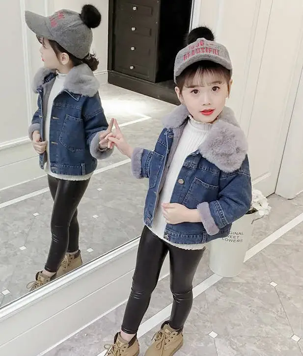 Autumn Winter Children Girls Plus Velvet Jeans Jackets Kids Girls Thick Warm Faux Rabbit Fur Denim Coats Baby Clothing W140