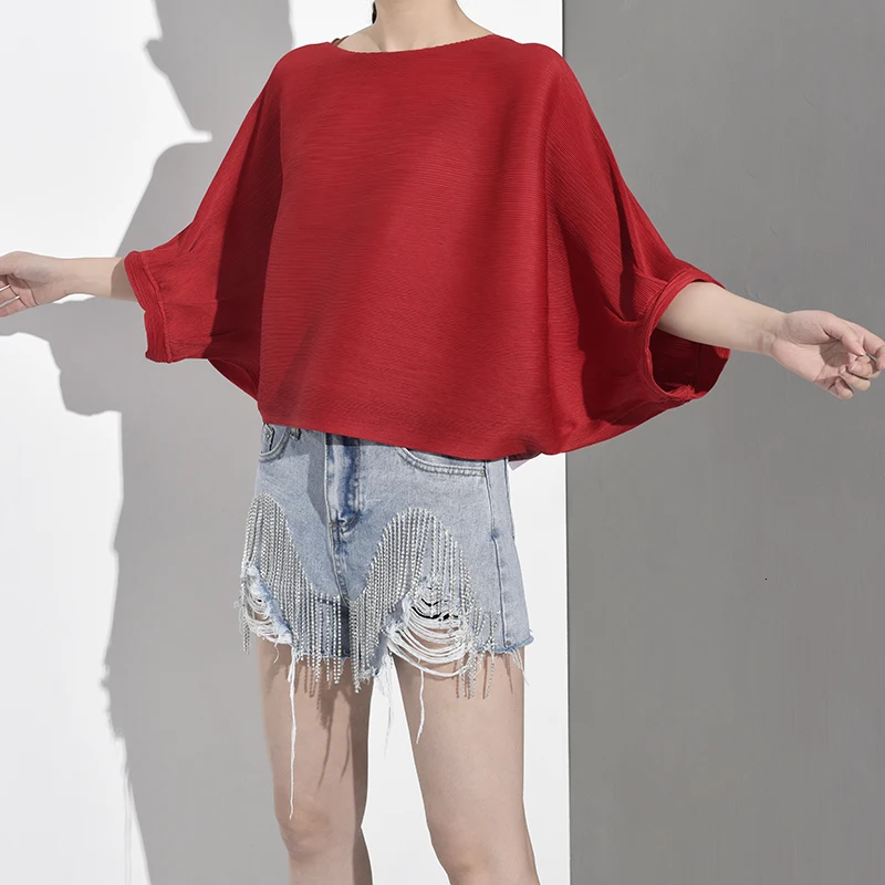 LANMREM New Spring Summer Round Neck Three-quarter Sleeve Black Loose Big Size Pleated T-shirt Women Fashion Tide YE1120
