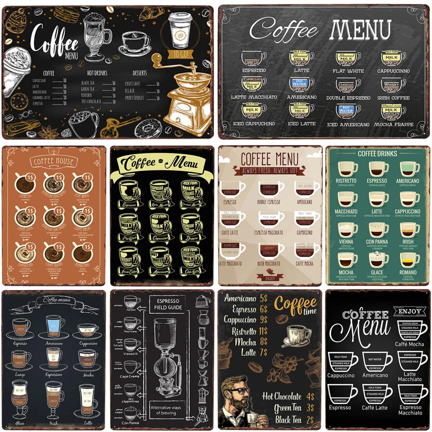 

Coffee menu cafe tin sign vintage metal plate painting retro iron picture