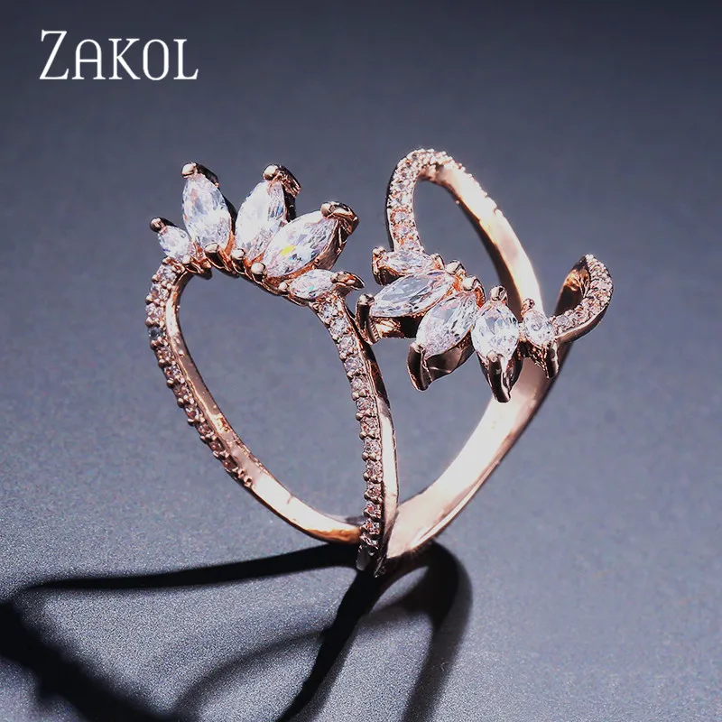 ZAKOL, милые, стильные, белые, циркониевые, открытые кольца, геометрическое, регулируемое кольцо, ювелирные изделия для женщин, вечерние, подарок, FSRP2015