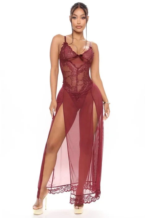 

Lace Sleep Gown Women Floral Suspenders Low Chest Mesh See-through Exotic Dresses Sexy Sleepwear Femme