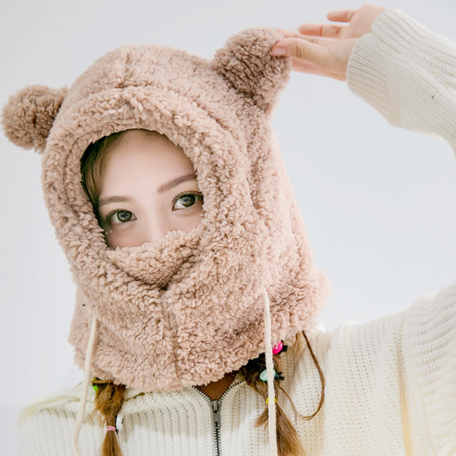 2021 Модная зимняя женская шапка-шарф-маска три в одном с милыми медвежьими ушками, меховой и теплой.