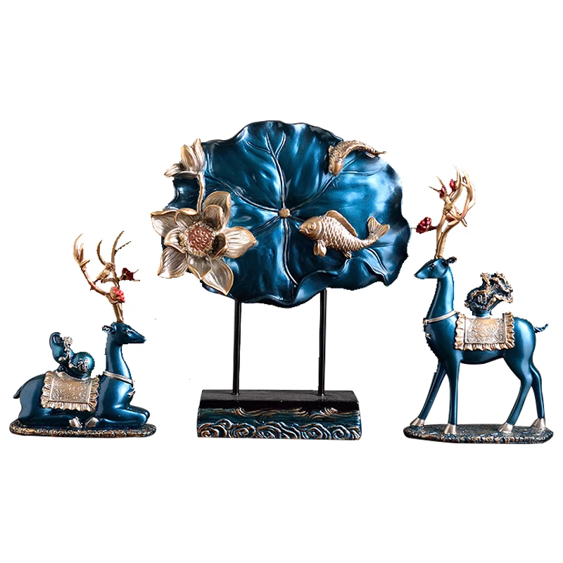 

European Resin Lucky Deer Lotus Ornaments Wedding Gift Home Livingroom Table Figurines Crafts Office Desk Animal Decoration