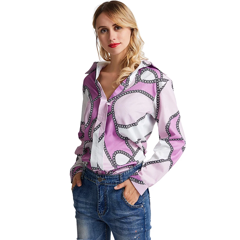 

Women Tees Chain Printed Tee Long Sleeve Casual Shirt for Female 2022 New Fashion Comfortable Turn-Down Collar Office Shirt