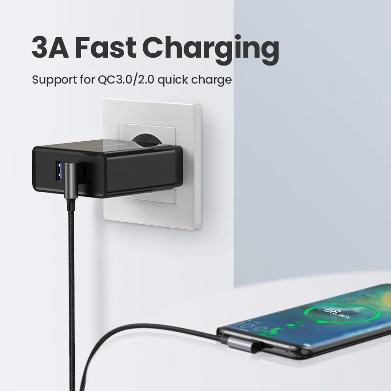 Кабель Ugreen USB Type-C 3A для быстрой зарядки Xiaomi Poco x3 Samsung Galaxy S20 S10 90 градусов | Мобильные