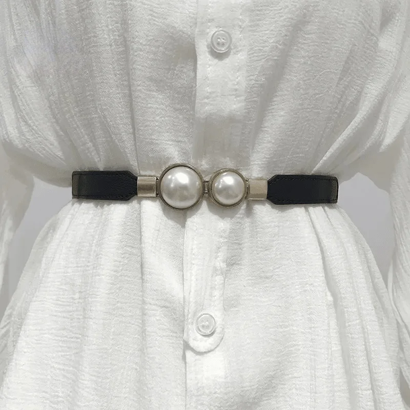 

Women Elastic Thin Belt Fashion Gold Buckle Pearl Waist Dress Belt Ladies Decoration Skirt Strap Elegant Waistband ND243