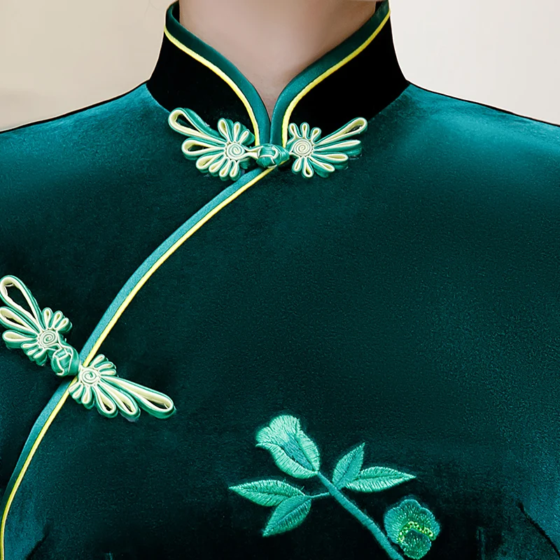 Зеленое велюровое женское платье с вышивкой Cheongsam тонкие вечерние платья