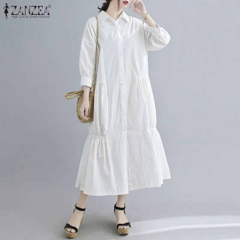 

ZANZEA Stylish Casual Lapel Ruffle Vestidos Solid Smocking Shirt Dresses Femme Midi Sundress Women Baggy 3/4 Sleeve Kaftan Robe