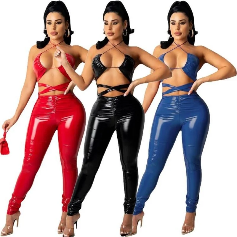 

Solid Color Pu Leather Bodycon Jumpsuit Woman Sleeveless Halter Cut Out Backless Rompers Female Hipster Club Attirewear Outfits