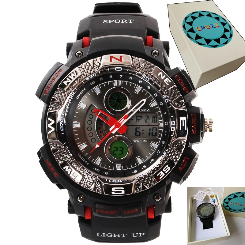 red with box Многофункциональные мужские электронные наручные часы со светящимися ручками бренд Epozz Роскошные montre homme Цифровые мужские спортивные часы подарок водонепроницаемые - Цвет: red with box