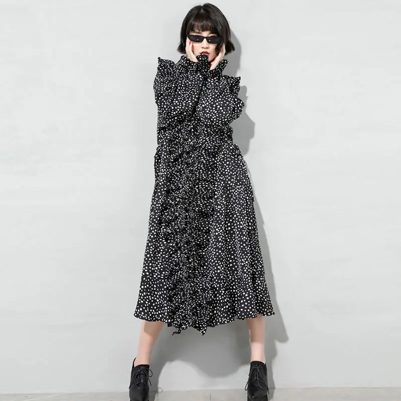 

XITAO Polka Dot Chiffon Dress Fashion New Women Plus Size Pullover Full Sleeve Goddess Fan Casual Style Loose Dress LDD1052