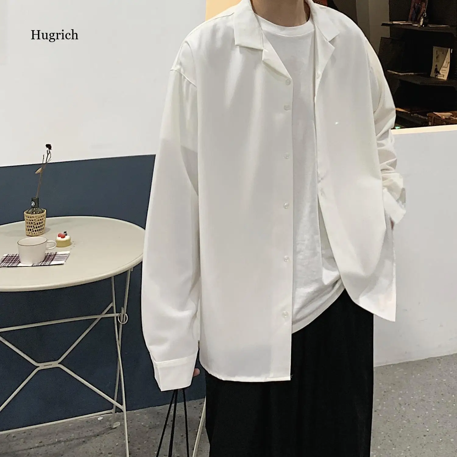 Мужская свободная рубашка с длинным рукавом приталенная воротником-стойкой и