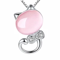 fyjs unique female anniversary gift jewelry silver plated cute cat rose pink quartz pendant with rhinestone necklace