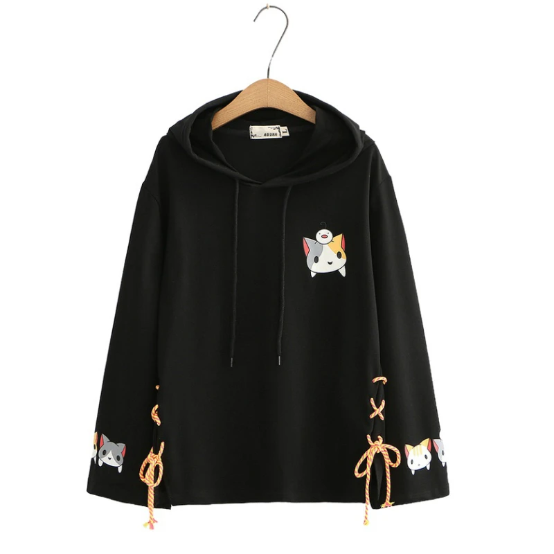 

Harajuku Cartoon Cat Print Cute Pullover Hooded Sweatshirt Women 2021 Autumn Long Sleeve Lace Up Sweet Ladies Hoodies Tracksuits
