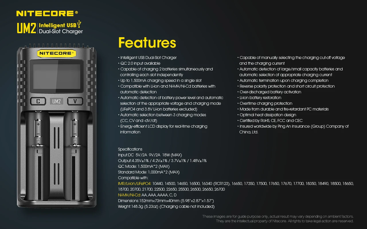 Nitecore UM2 UM4 ЖК-дисплей QC2.0 USB зарядное устройство UM10 UM20 18650 18350 16340 14500 анти короткая схема литий-ионная батарея зарядное устройство s