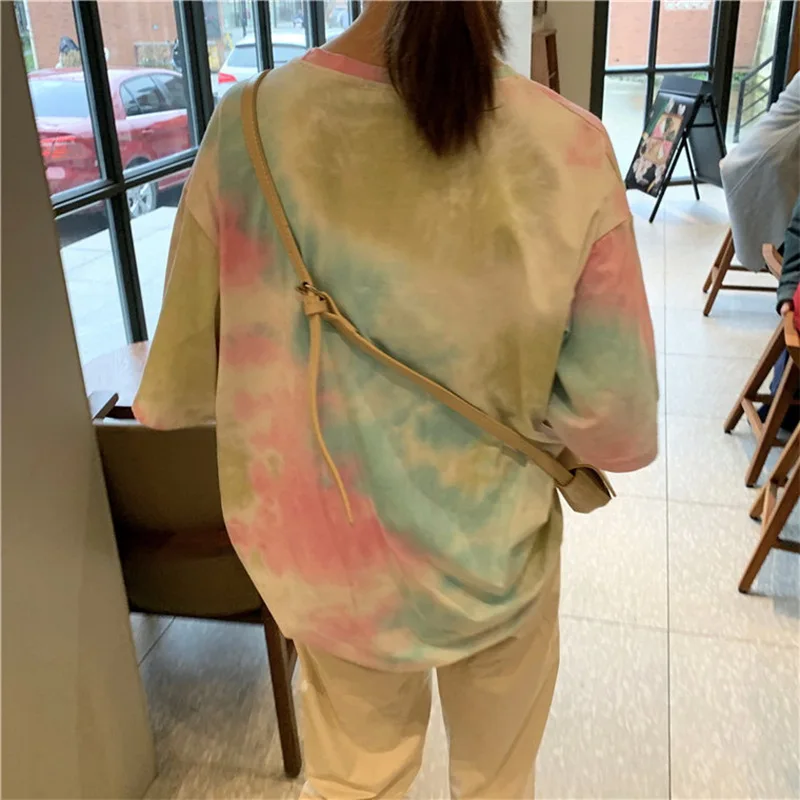 

CN Summer T Shirt Women 2021 Korean O Neck Vintage Short Sleeve Women's Top Straight Loose Tie dye T Shirt M-XXL